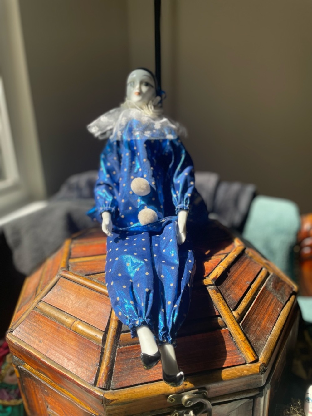 vintage Blue Porcelain Face Clown Doll with Polka Dot Costume